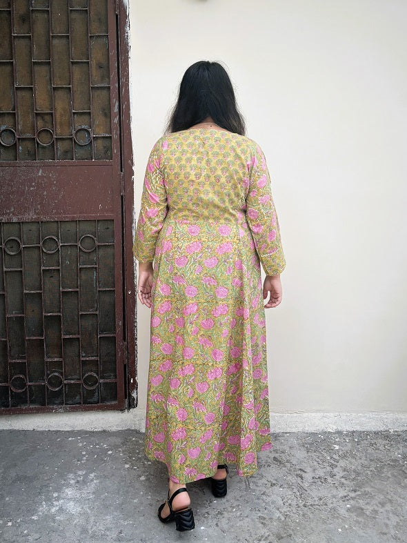 Green Pink Hand Block Printed A Line Maxi Patch Dress with Gota Detailing