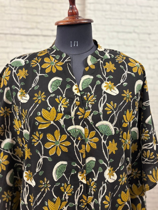 Black Mustard Floral High Low Midi Cotton Shirt Kaftan