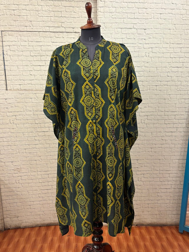 Green Ajrakh High Low Midi Cotton Shirt Kaftan