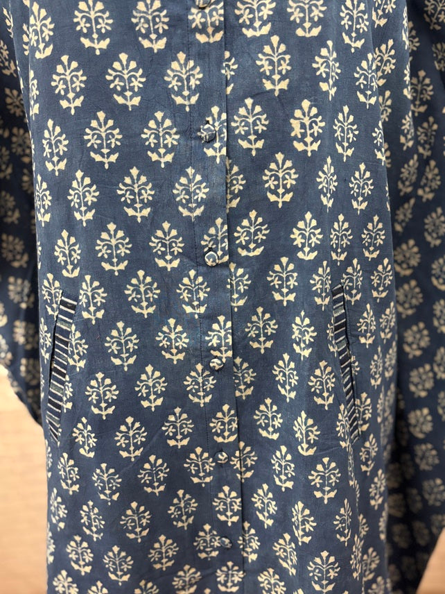 Indigo White High Low Midi Cotton Shirt Kaftan