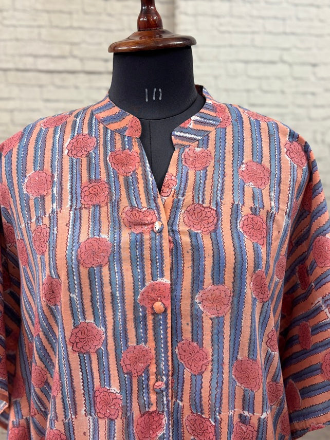 Pink Blue High Low Midi Cotton Shirt Kaftan