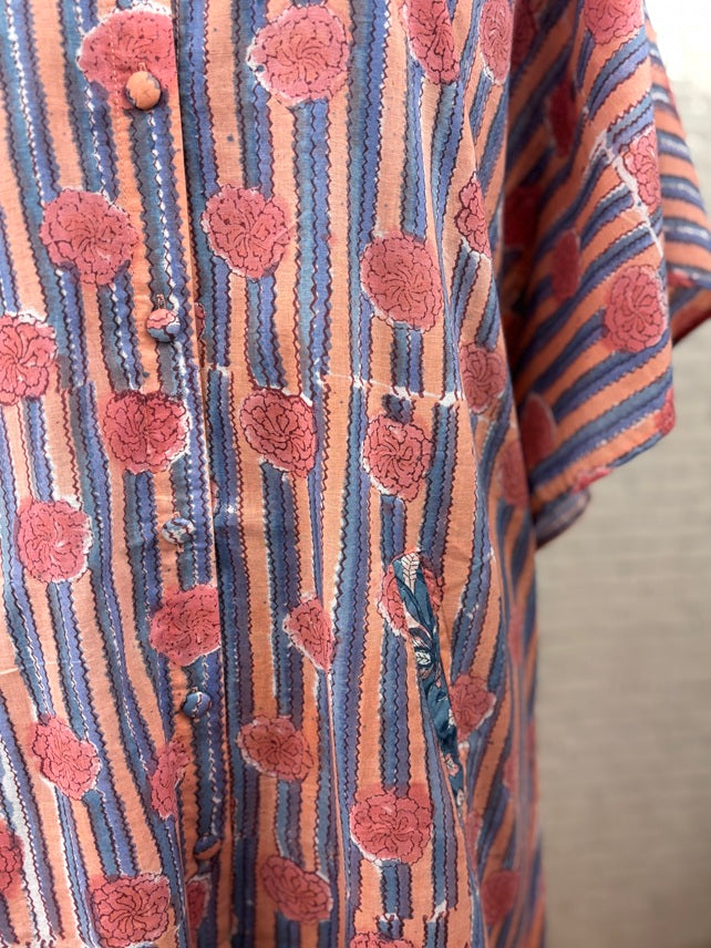 Pink Blue High Low Midi Cotton Shirt Kaftan