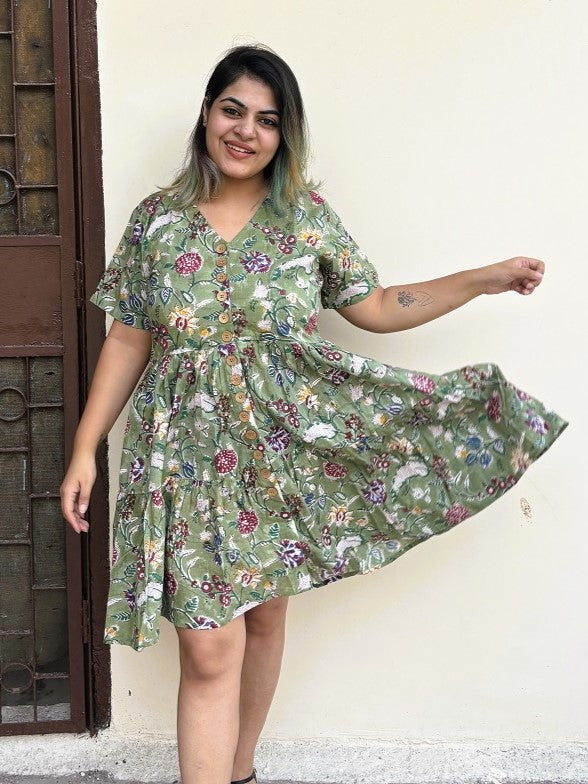 Mrinali Hand Block Printed Knee Length Tiered Button Down Dress Kasaa Hues Mrinali Hand Block Printed Knee Length Tiered Button Down Dress Kasaa Hues
