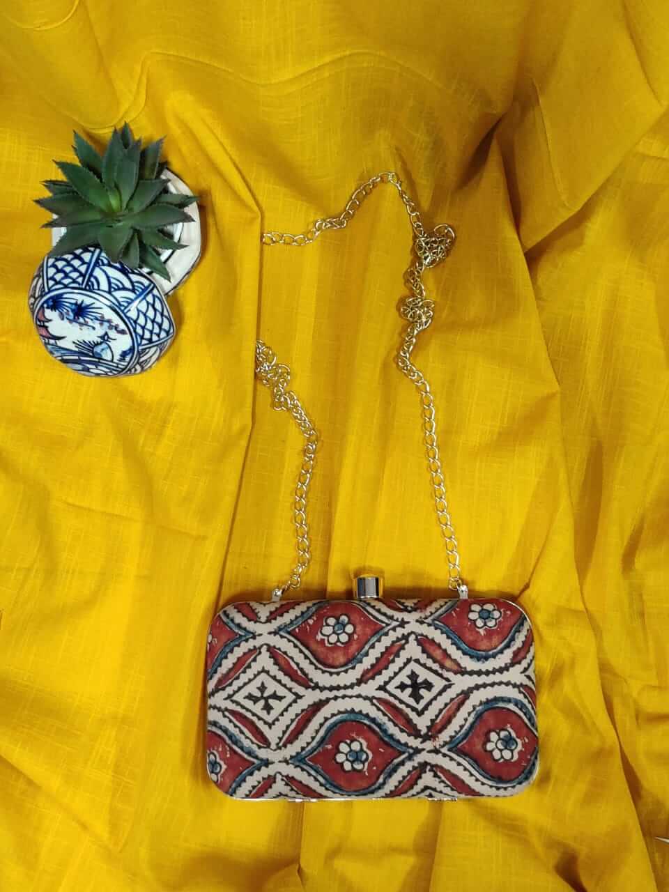 White Red Ajrakh Clutch Bag