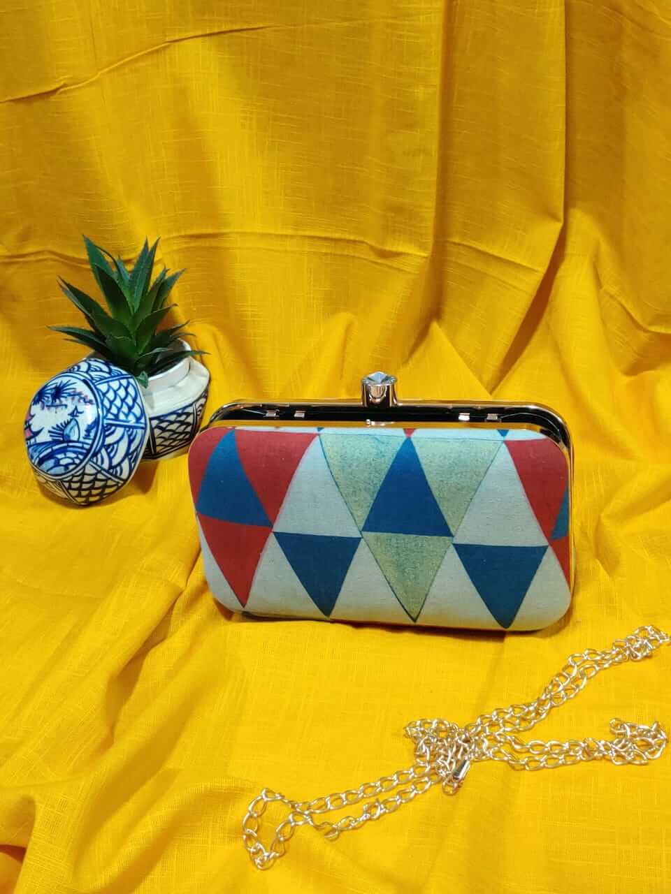 Green Red Geaometric Ajrakh Clutch Bag