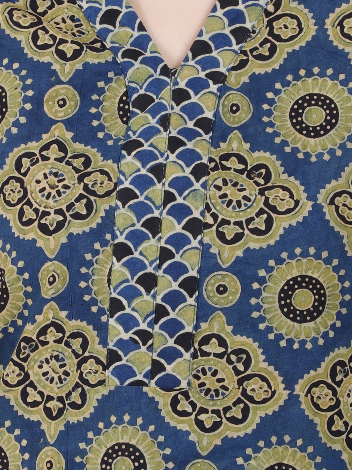 Indigo Green Ajrakh Dual Fabric Cotton Short Kurti