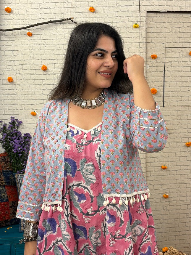 Meadowsweet Hand Block Printed Shrug with Shell Detailing