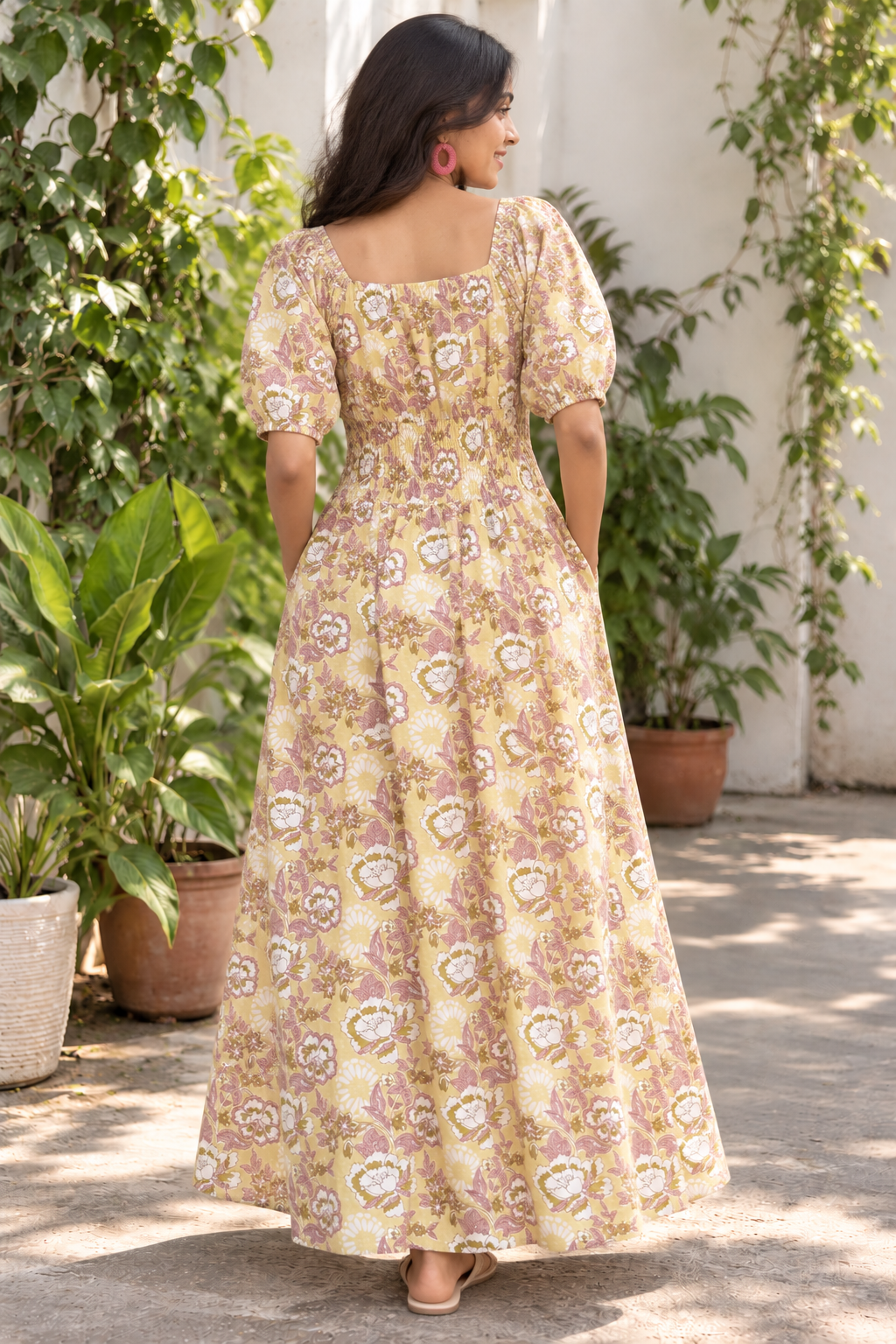 Buttercup Hand Block Printed Maxi Dress with Puff Sleeves