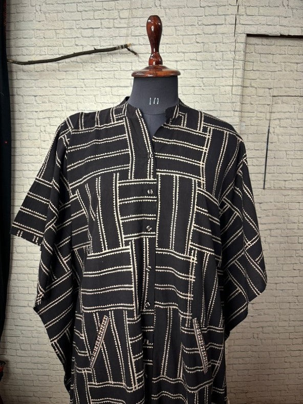 Black White Ajrakh High Low Midi Shirt Kaftan
