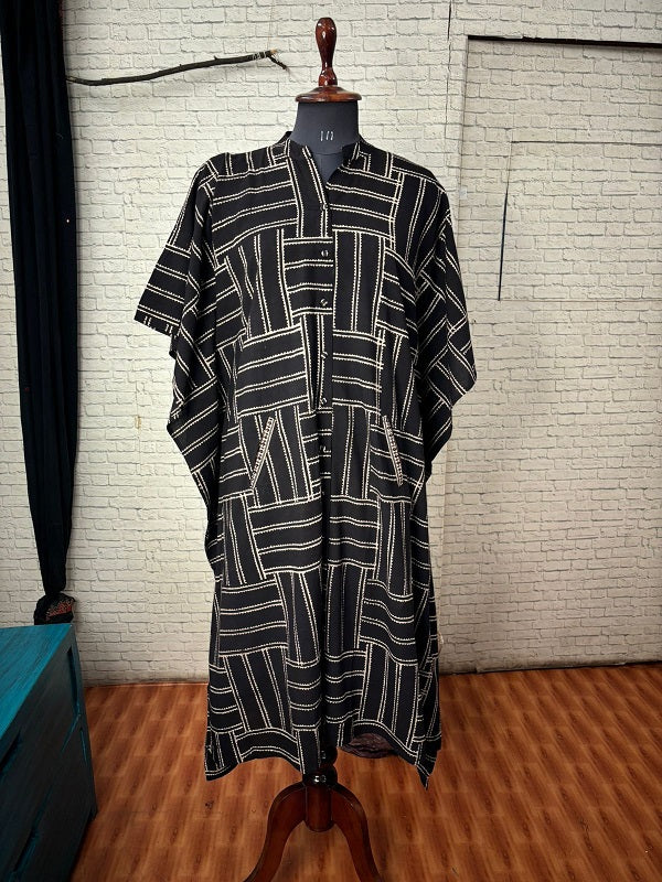 Black White Ajrakh High Low Midi Shirt Kaftan