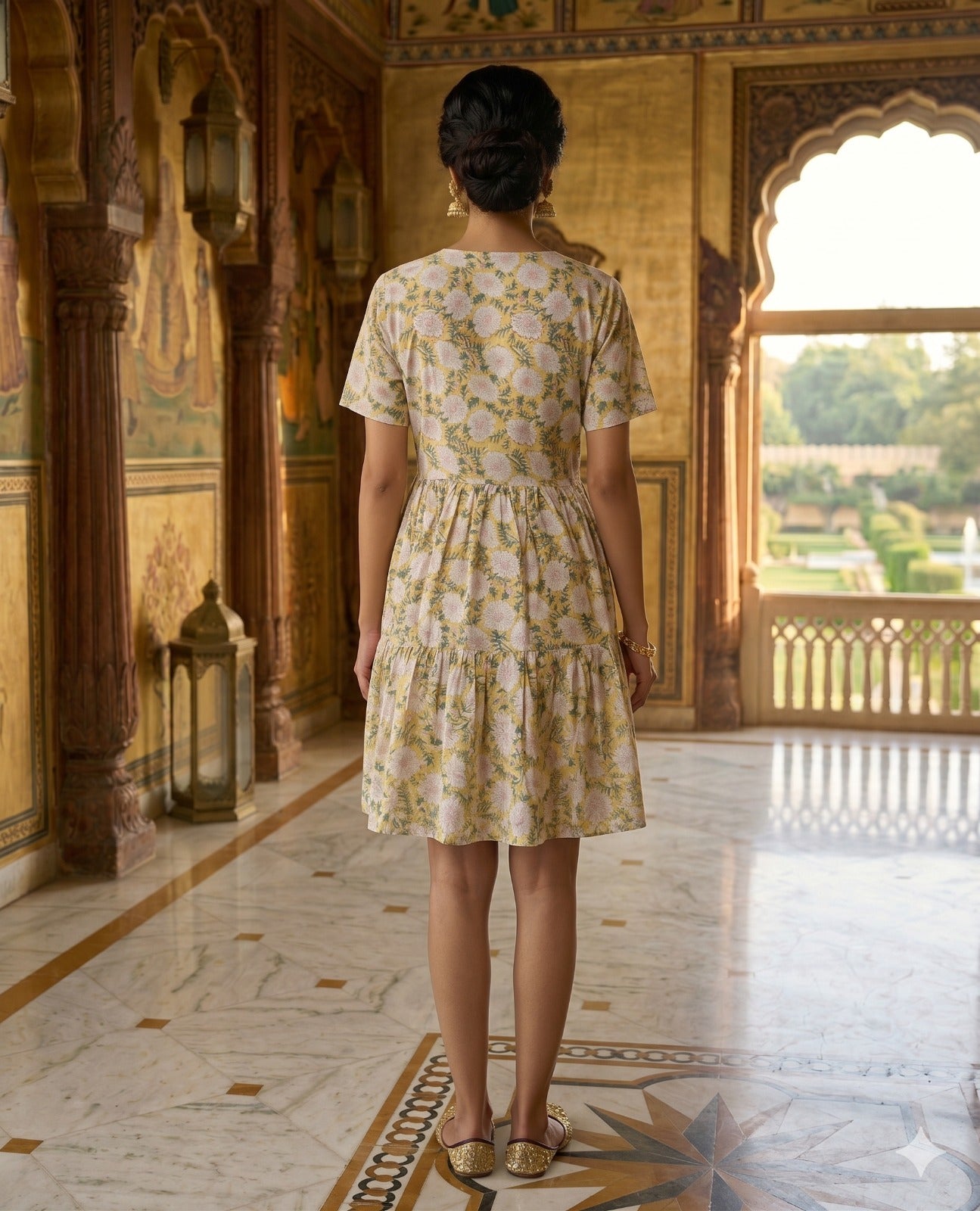 Pihu Hand Block Printed Knee Length Tiered Button Down Dress