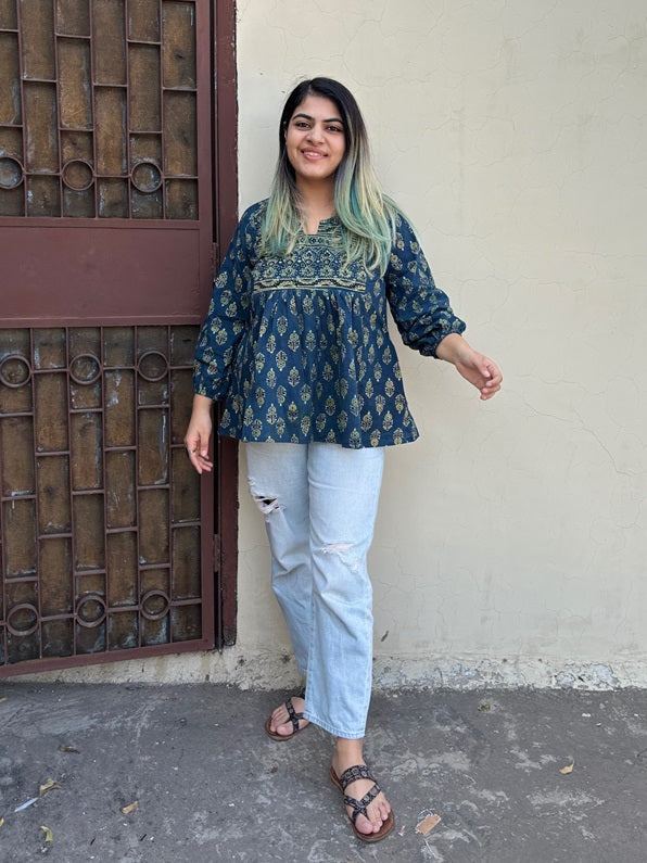 Indigo Green Ajrakh Boho Top with Back Drawstring