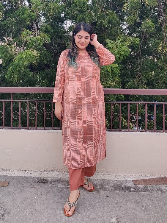 Earthy Pink Lines Handblock Printed Cotton Long Kurta