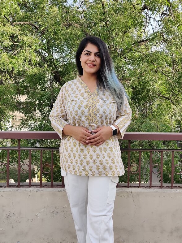 White Floral Hand Block Printed Short Kurti