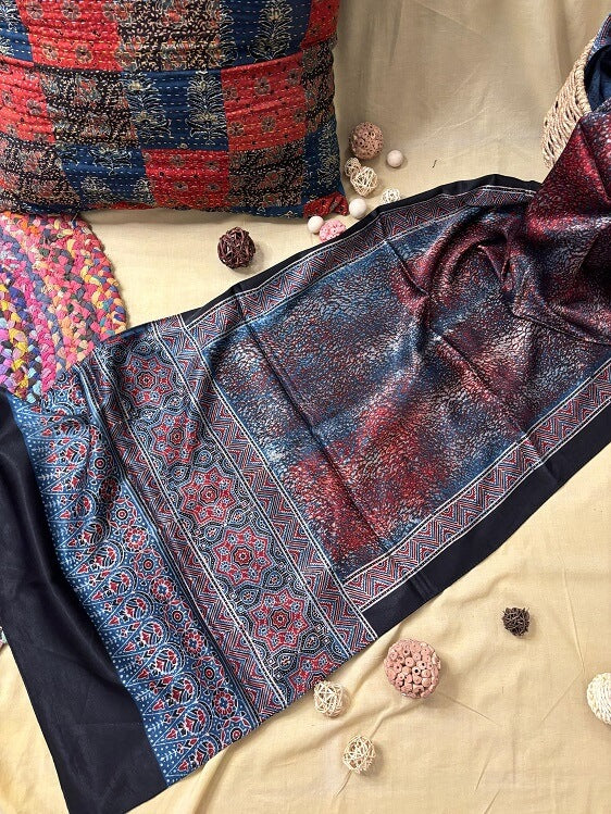 Indigo Red Abstract Ajrakh Hand Block Printed Mashru Silk Stole