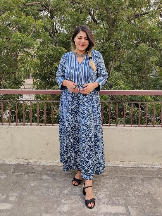 Fiza Hand Block Printed A Line Maxi Patch Dress
