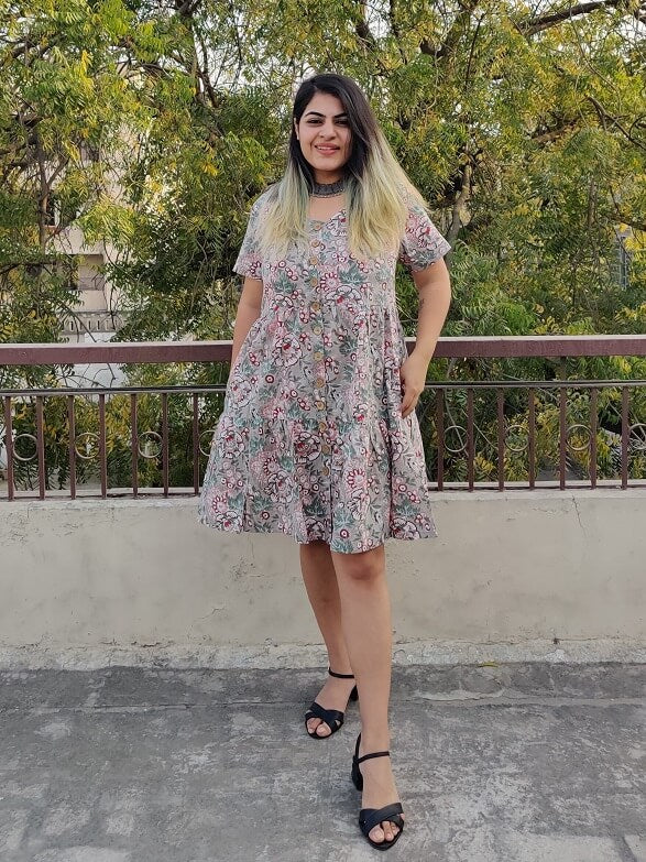 Camellia Hand Block Printed Knee Length Tiered Button Down Dress