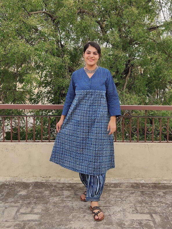 Saagarika Hand Block Printed Cotton Kurta Set with Afghani Pants