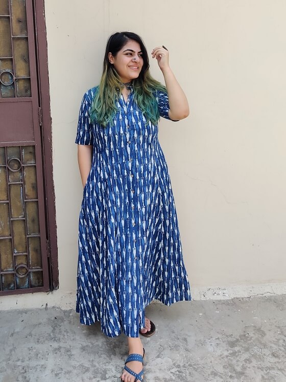 Azure Handblock Printed A Line Maxi Shirt Dress