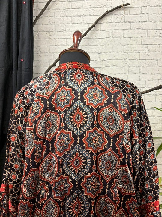 Black Ajrakh Mashru Silk Unisex Bomber Jacket