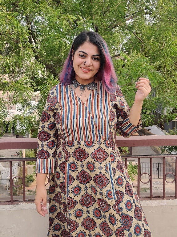 White Meadows Ajrakh Maxi Patch Dress