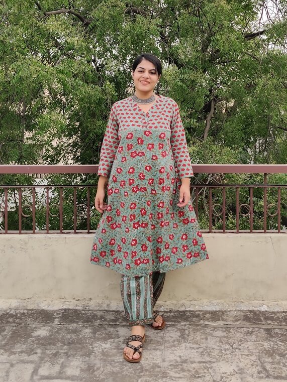 Hibiscus Hand Block Printed Cotton Kurta Set with Afghani Pants