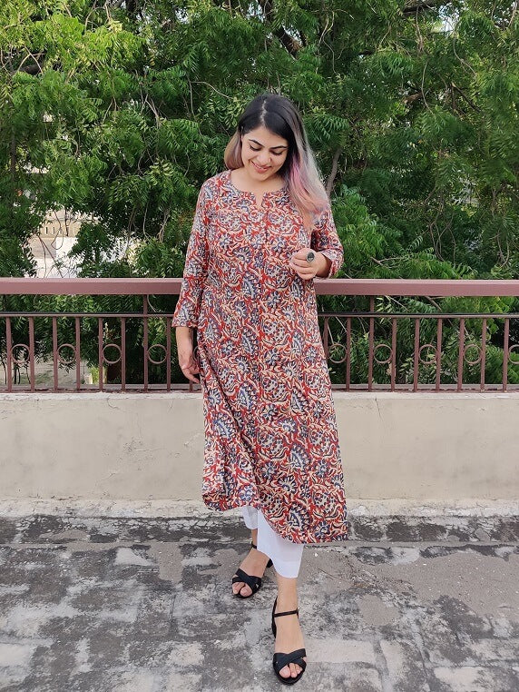 Red Kalamkari Hand Block Printed Cotton Long Kurta