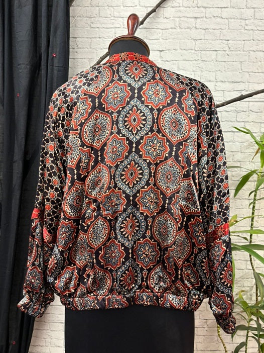 Black Ajrakh Mashru Silk Unisex Bomber Jacket