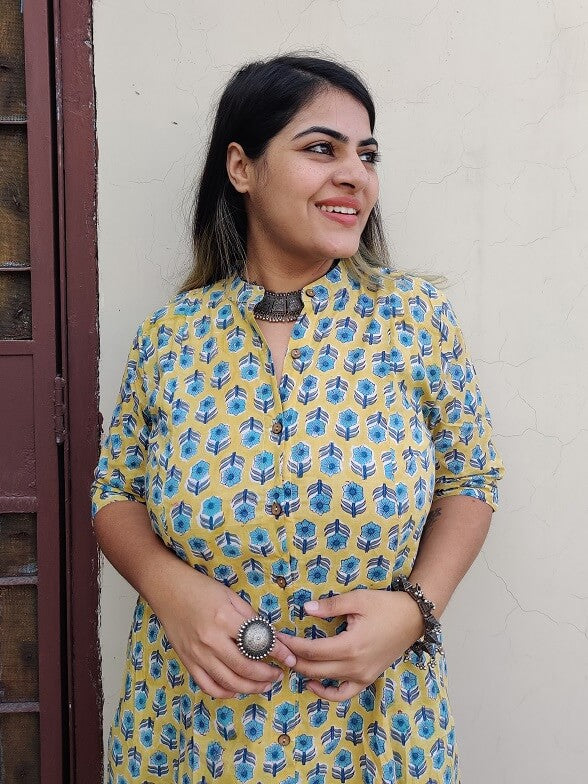 Yellow Grey Hand Block Printed A Line Maxi Shirt Dress