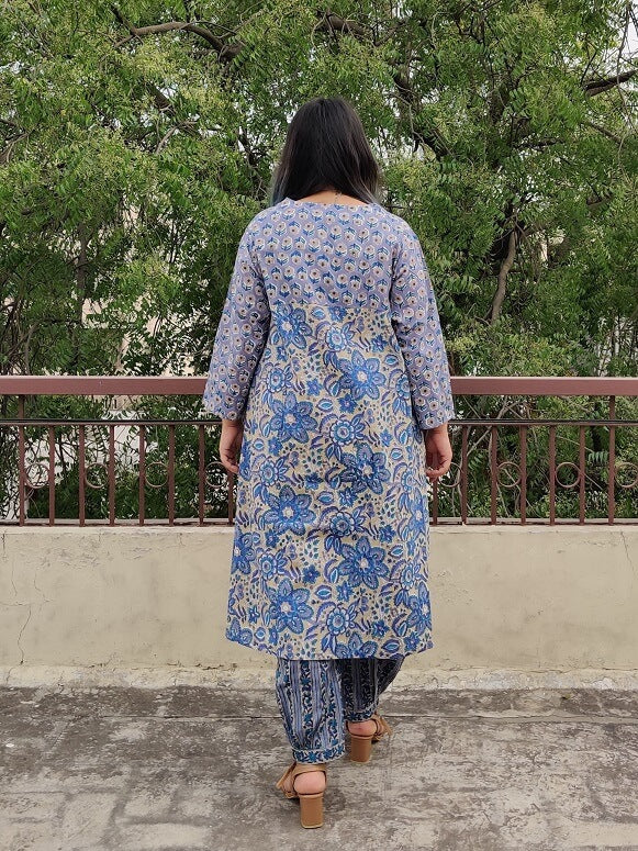 Aahna Hand Block Printed Cotton Kurta Set with Afghani Pants