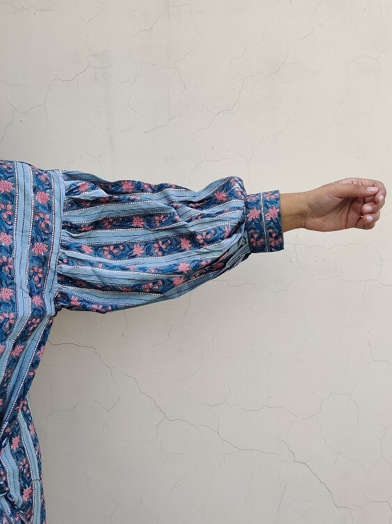 Teal Pink Hand Block Printed Comfort Fit Knee Length Shirt Dress with Side Belt