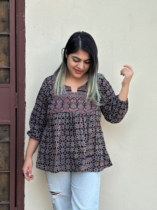 Black Ajrakh Boho Top with Back Drawstring