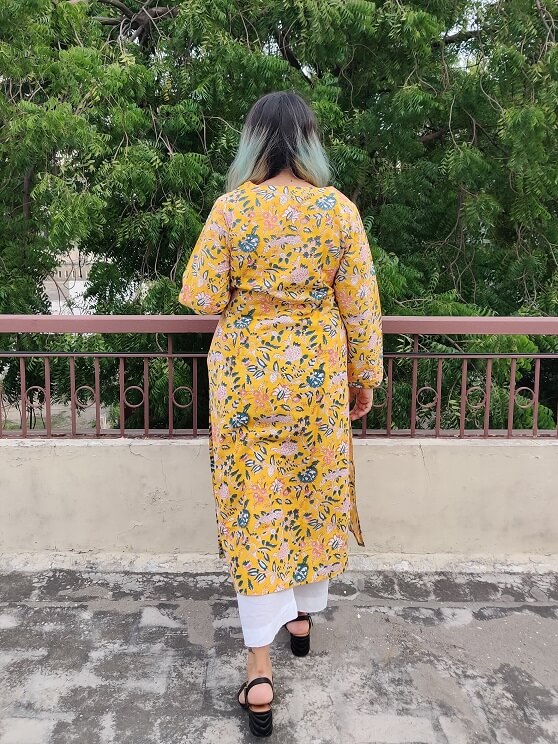 Yellow Floral Hand Block Printed Cotton Long Kurta