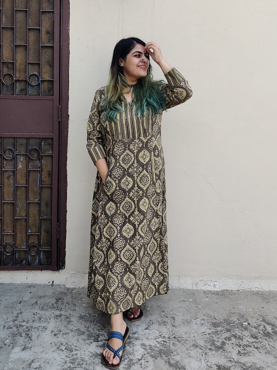 Aadrika Ajrakh A line Maxi Patch Dress