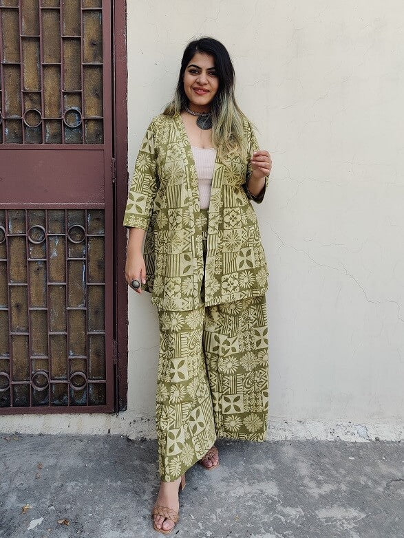 Olive Hand Block Printed Culottes and Shrug Coordinated Set