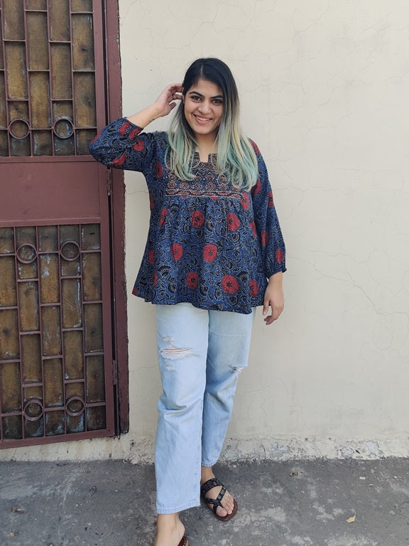 Indigo Red Ajrakh Boho Top with Back Drawstring