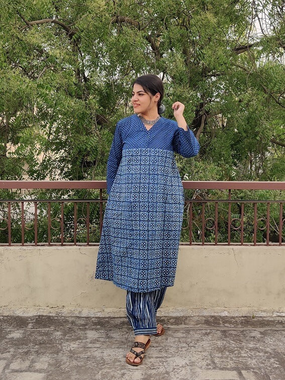 Saagarika Hand Block Printed Cotton Kurta Set with Afghani Pants