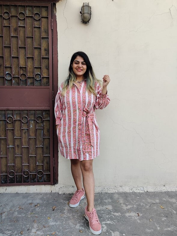 Cherry Hand Block Printed Comfort Fit Knee Length Shirt Dress with Side Belt