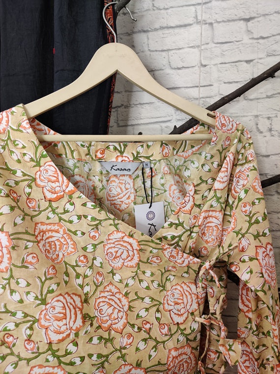 Yellow Rose Hand Block Printed Angrakha Short Top