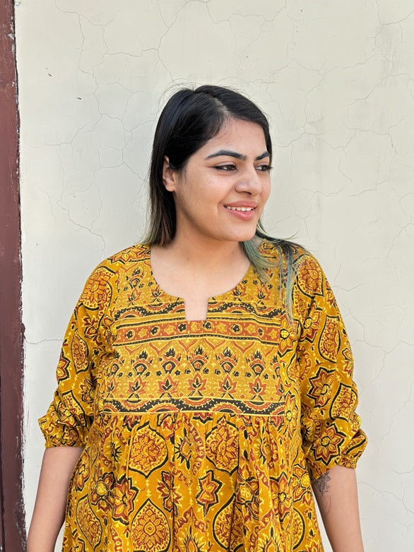 Yellow Ajrakh Boho Top with Back Drawstring