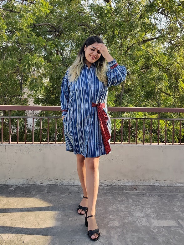 Indigo White Hand Block Printed Comfort Fit Knee Length Shirt Dress with Side Belt