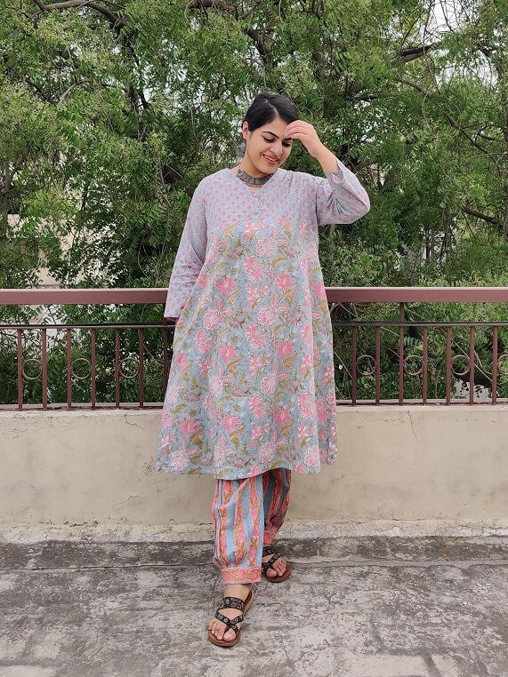 Meadowsweet Hand Block Printed Cotton Kurta Set with Afghani Pants