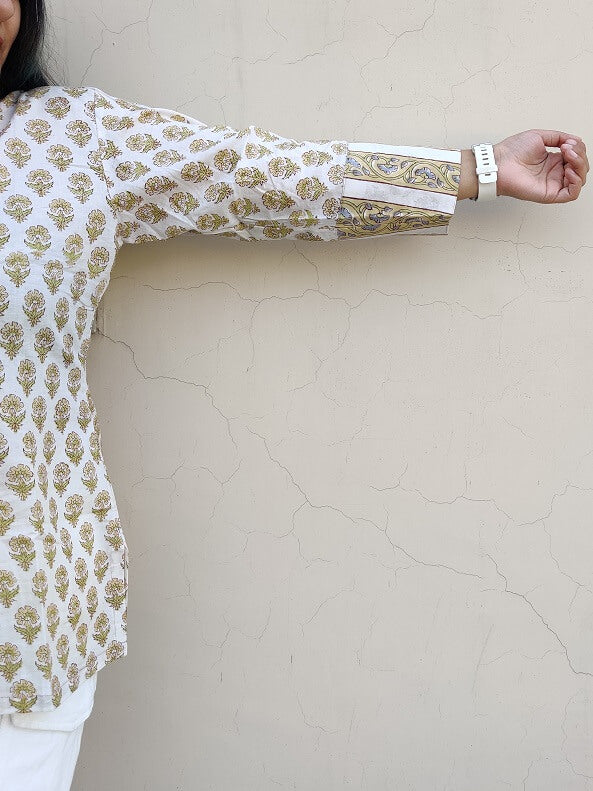 White Floral Hand Block Printed Short Kurti