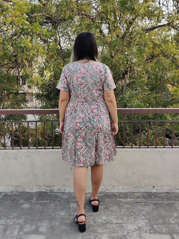 Camellia Hand Block Printed Knee Length Tiered Button Down Dress
