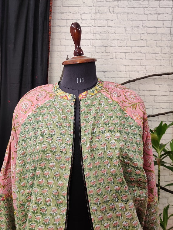 Green Pink Hand Block Printed Unisex Bomber Jacket