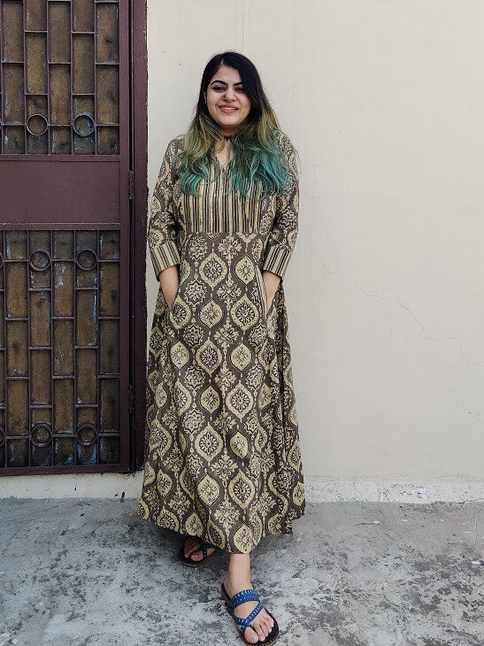 Aadrika Ajrakh A line Maxi Patch Dress