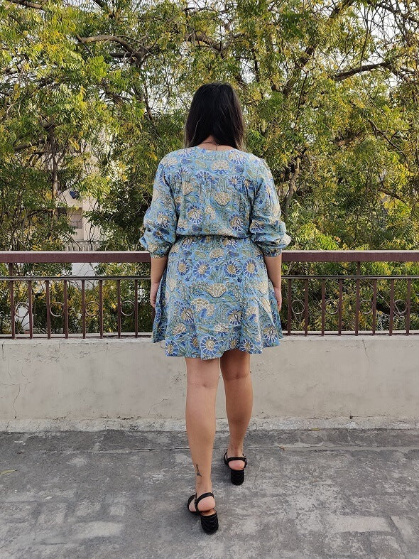 Iraa Hand Block Printed Short Dress with Flared Hem