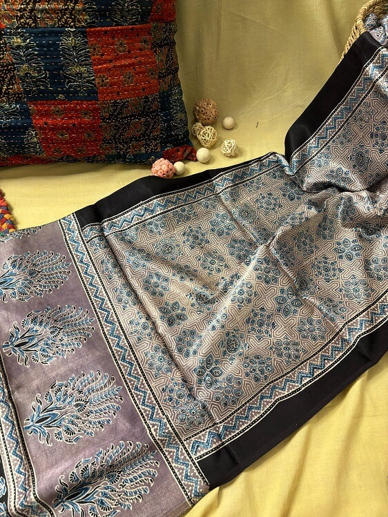 Lavender Ajrakh Hand Block Printed Mashru Silk Stole