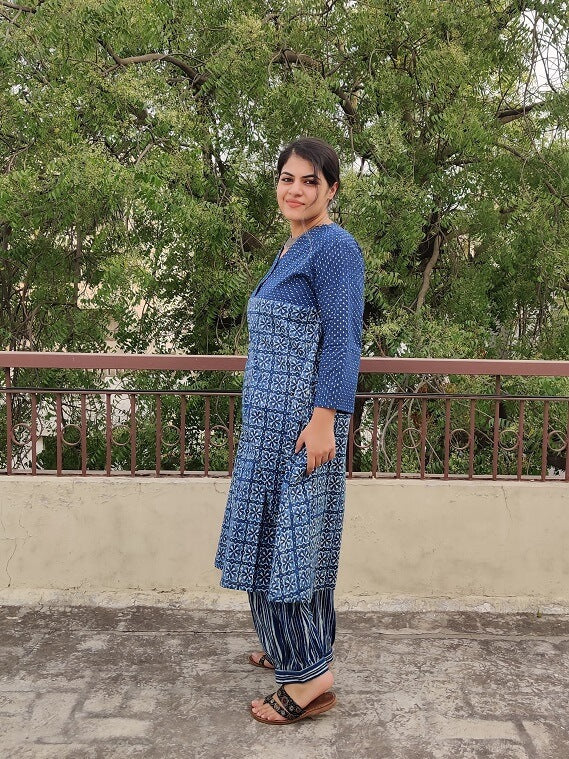 Saagarika Hand Block Printed Cotton Kurta Set with Afghani Pants