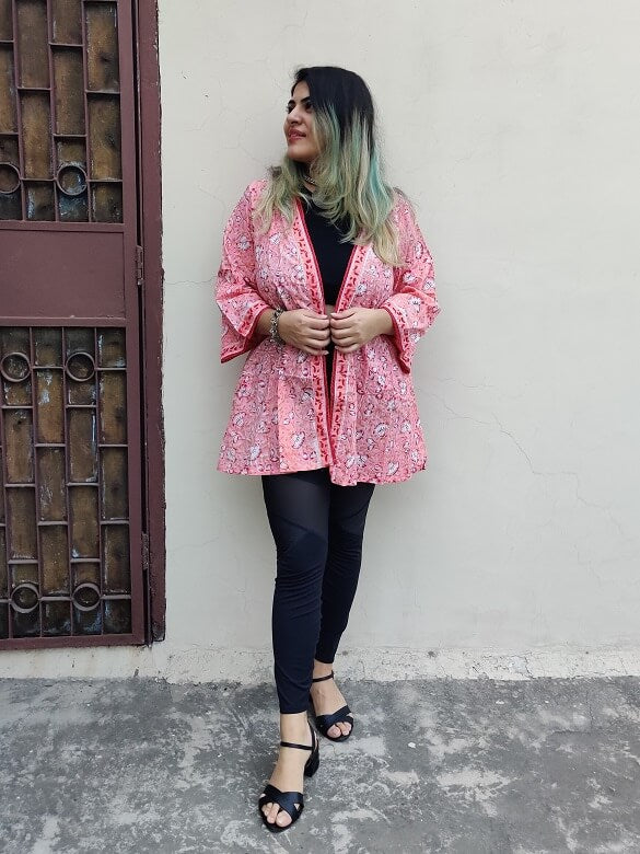 Pink Red Floral Hand Block Printed Shrug Overlay with Lace Detailing